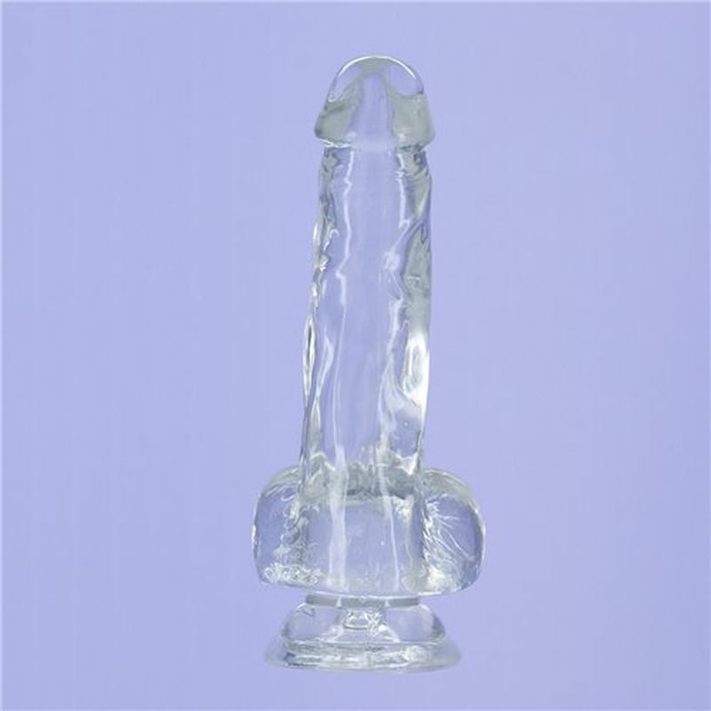8 inch crystal dildo with balls, clear and transparent, featuring a strong suction cup base for secure use.