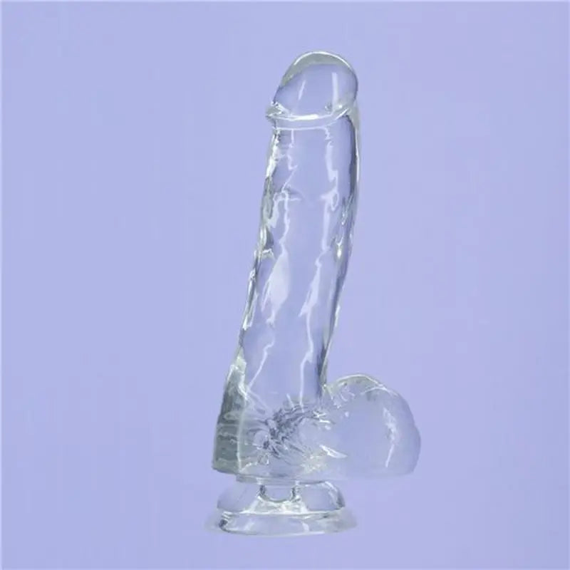 Crystal Dildo w Balls 8in Clear Addiction Discreet Intimate Essentials.