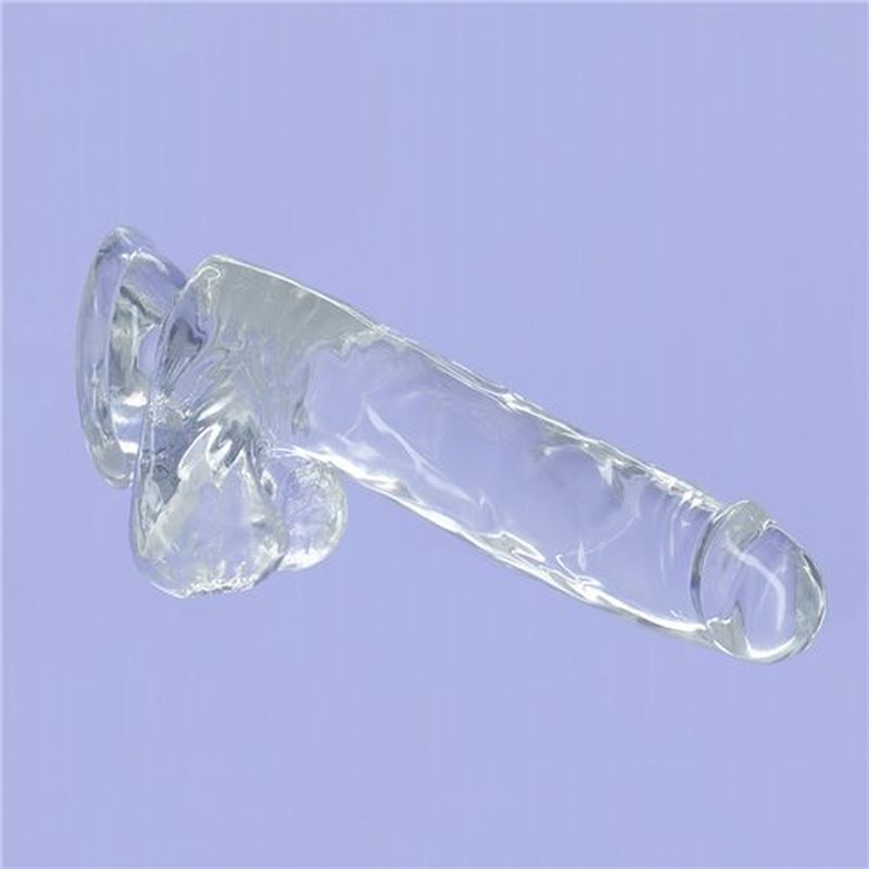 8 inch crystal dildo with balls, clear TPE material, strong suction cup base, and harness compatible.