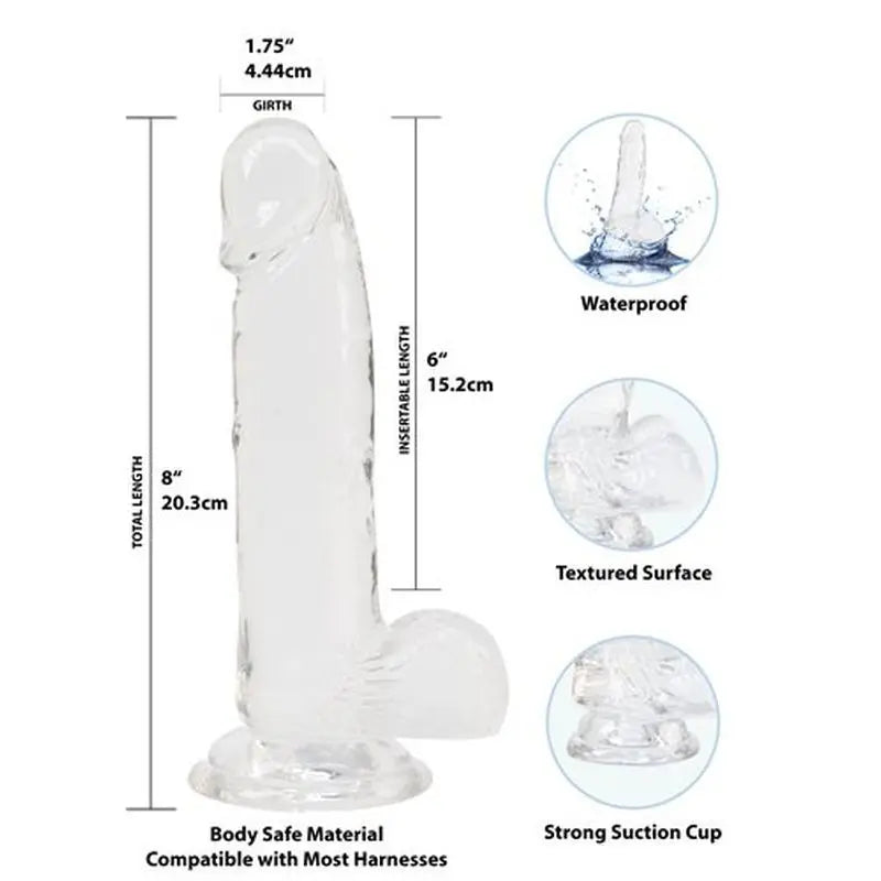 Crystal Dildo w Balls 8in Clear Addiction Discreet Intimate Essentials.