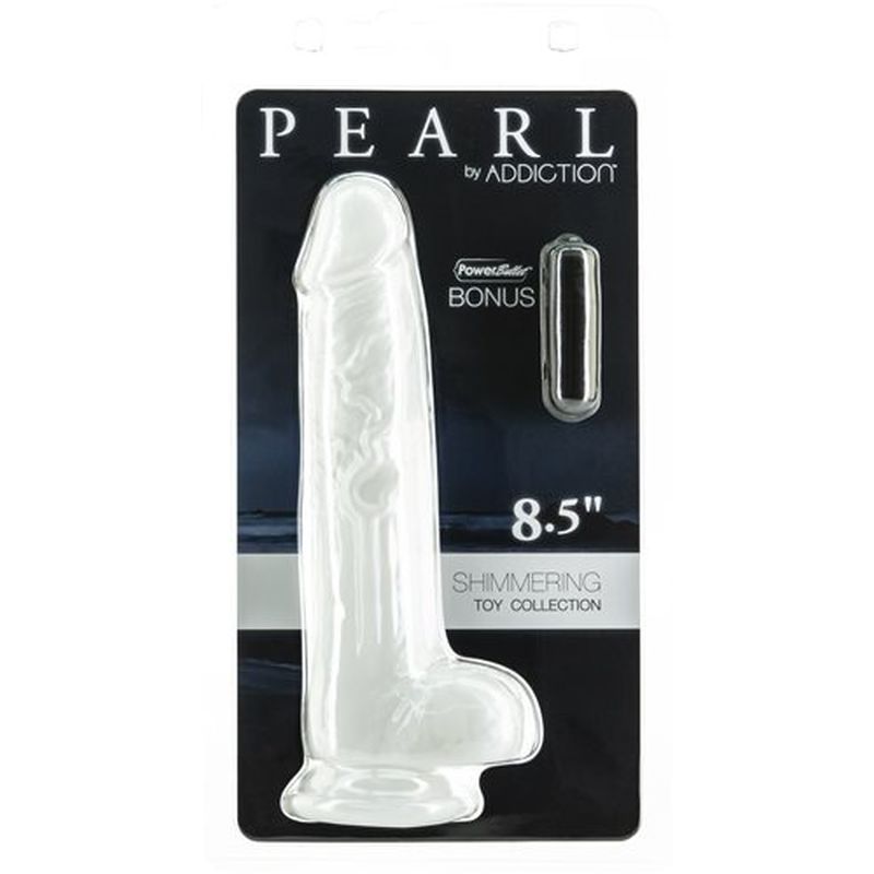 Pearl Dildo 8.5in Pearl White packaging showcasing the shimmering toy collection.