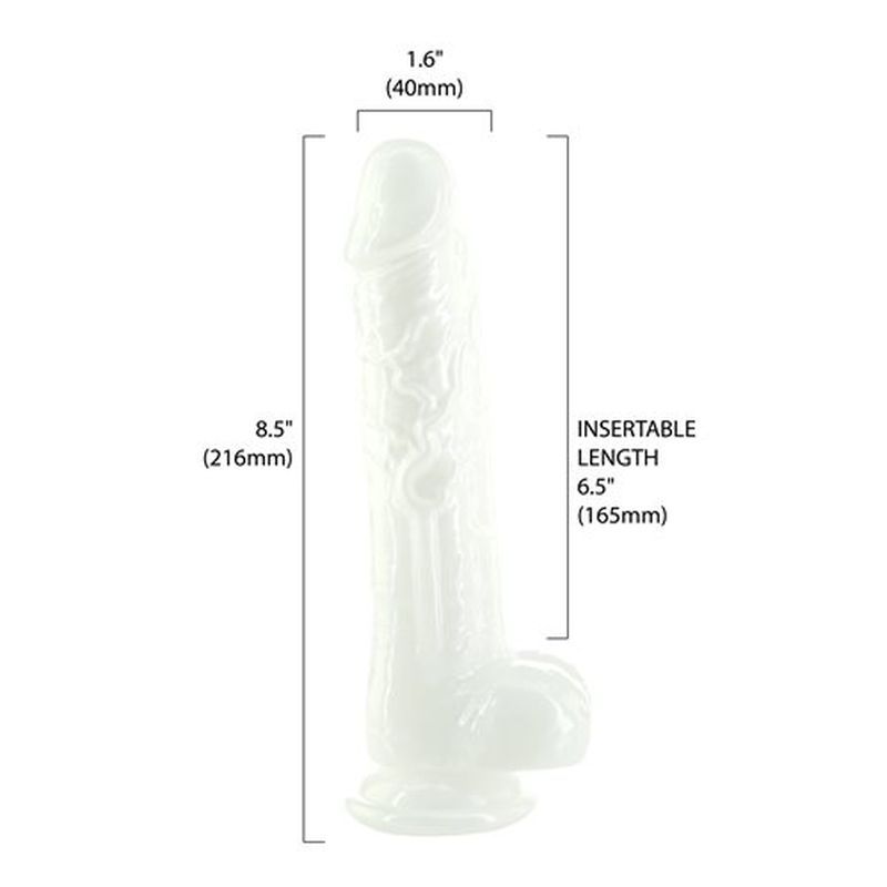 Pearl Dildo 8.5 inch in pearl white with a suction cup base for secure attachment.