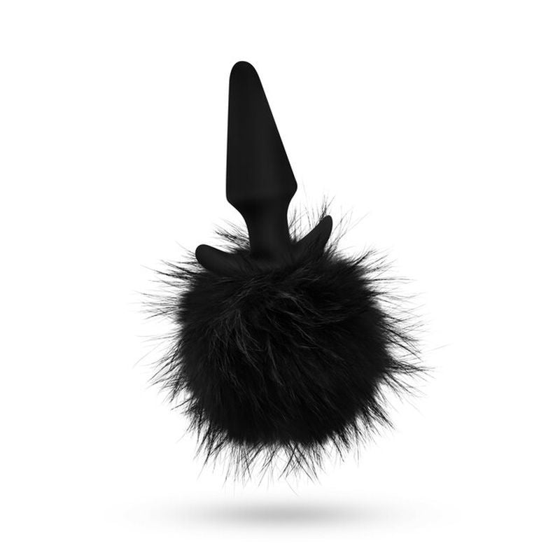 Anal Adventures Platinum Rabbit Tail Plug with black faux fur pom for enhanced anal sensations.
