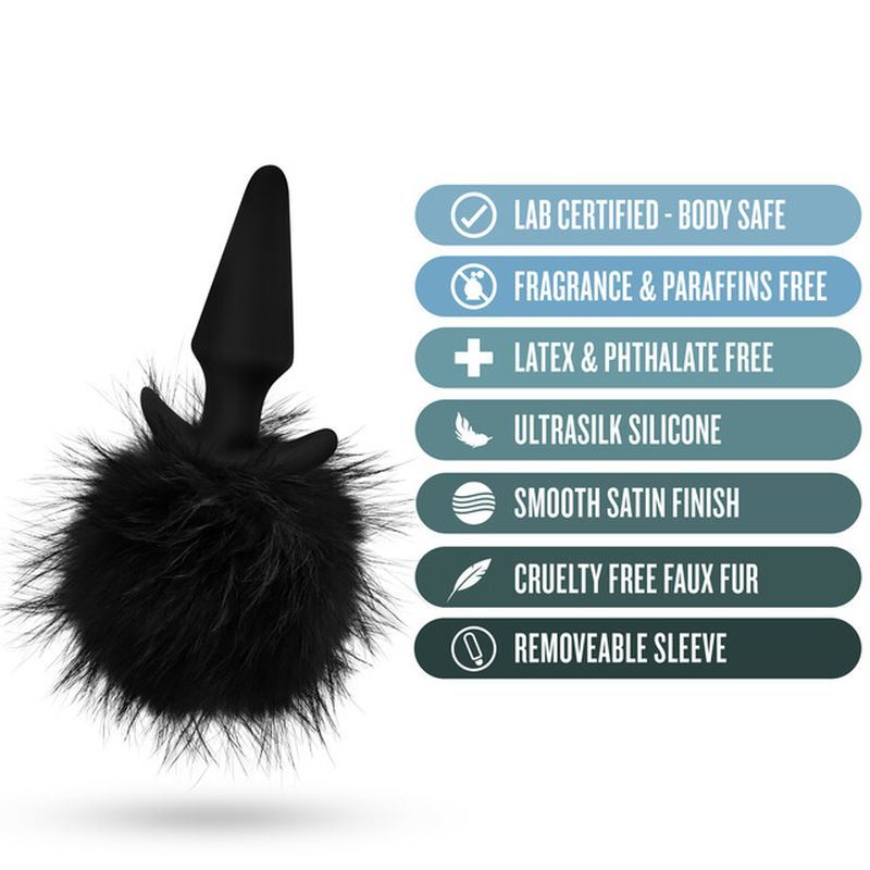 Anal Adventures Platinum Rabbit Tail Plug with black faux fur and smooth satin finish features.
