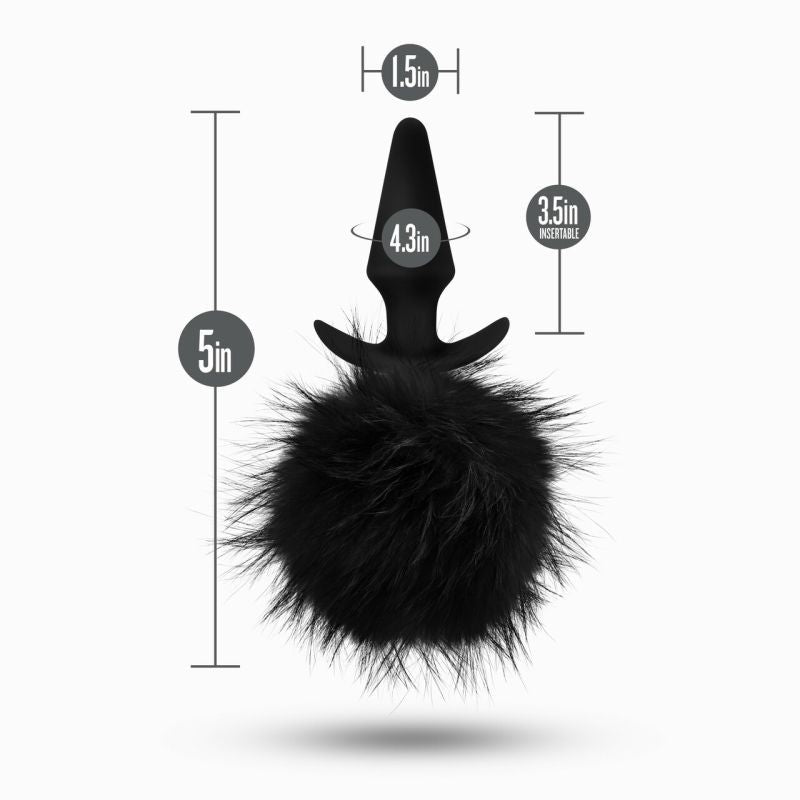 Anal Adventures Platinum Rabbit Tail Plug with black faux fur pom and tapered shape for easy insertion.