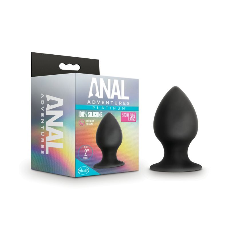 Anal Adventures Platinum Silicone Anal Stout Plug Large in black packaging, perfect for exploring new sensations.