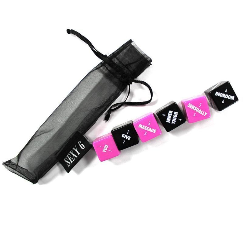Sexy 6 Foreplay Edition dice in a black pouch, perfect for a fun foreplay dice game experience.