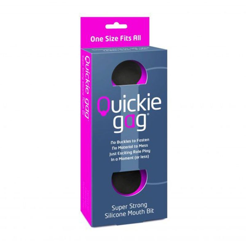 Quickie Gag Mouth Bit Black packaging showcasing its super strong silicone design, perfect for exciting role play.
