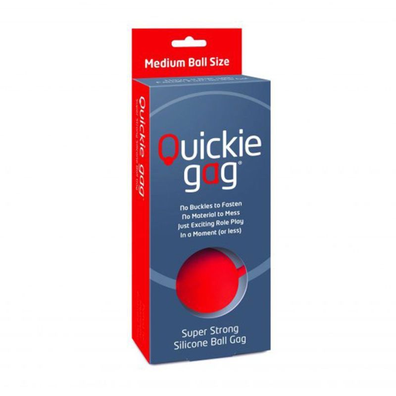 Quickie Gag Medium Ball Red packaging designed for intimate essentials, featuring a silicone ball gag for enhanced pleasure.
