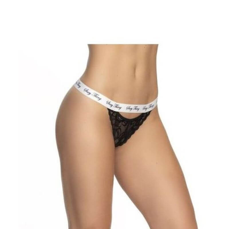 Lace Keyhole V Back Pantie Black with printed elastic waistband, featuring open back design for a stylish look.