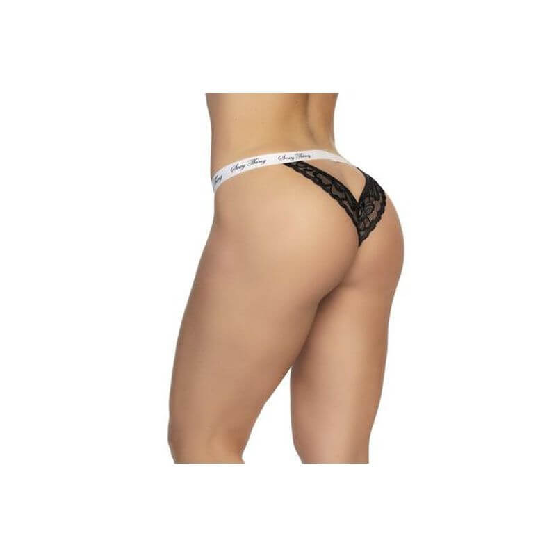 Lace Keyhole V Back Pantie Black showcasing an elegant open back design with printed elastic.