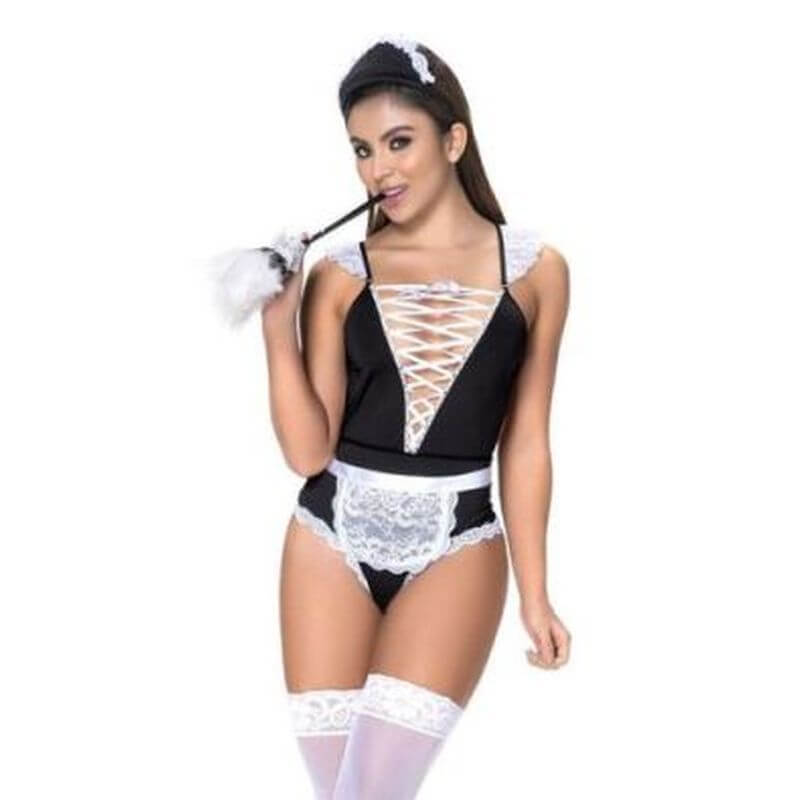 sexy maid costume set featuring a bodysuit, lace accents, apron, and headband.