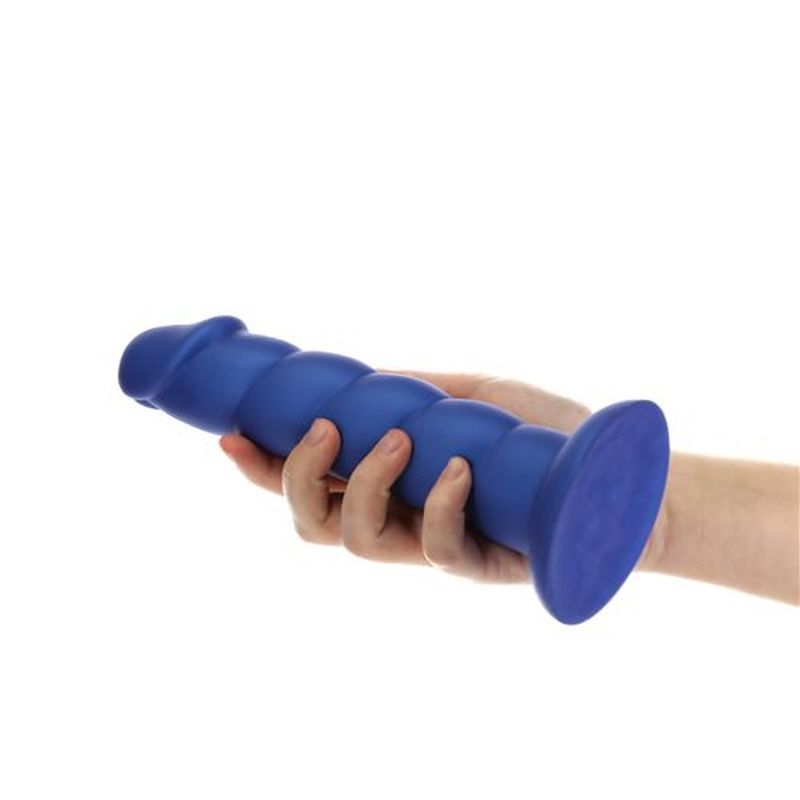 blue unicorn dildo held in a hand, featuring a ribbed texture and prominent head for enhanced penetration.