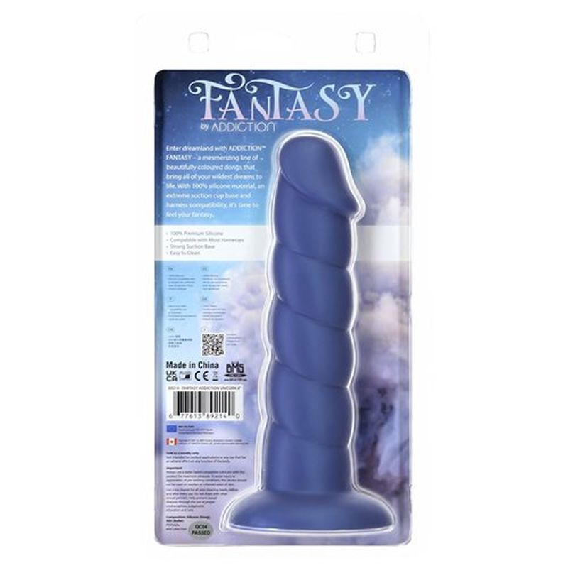 Blue unicorn dildo by Addiction Fantasy featuring a ribbed texture and prominent head in elegant packaging.