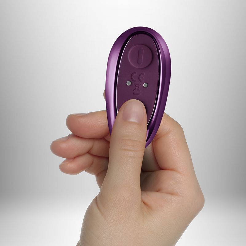 Hand holding a purple remote control for the rock chick sex toy, designed for powerful stimulation.