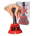 Ring for sex communication bell held by a hand, with a flashy red design and package. Perfect for intimate communication.