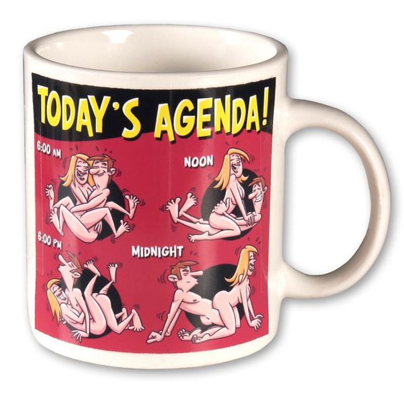 Todays Agenda Coffee Mug featuring humorous illustrations and funny scheduling for adult activities.