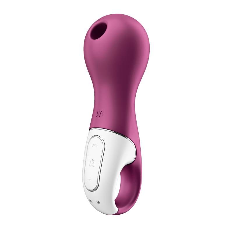 Satisfyer Libra Air Wave Vibrator in Berry color showcasing its rounded handle and buttons for controls.