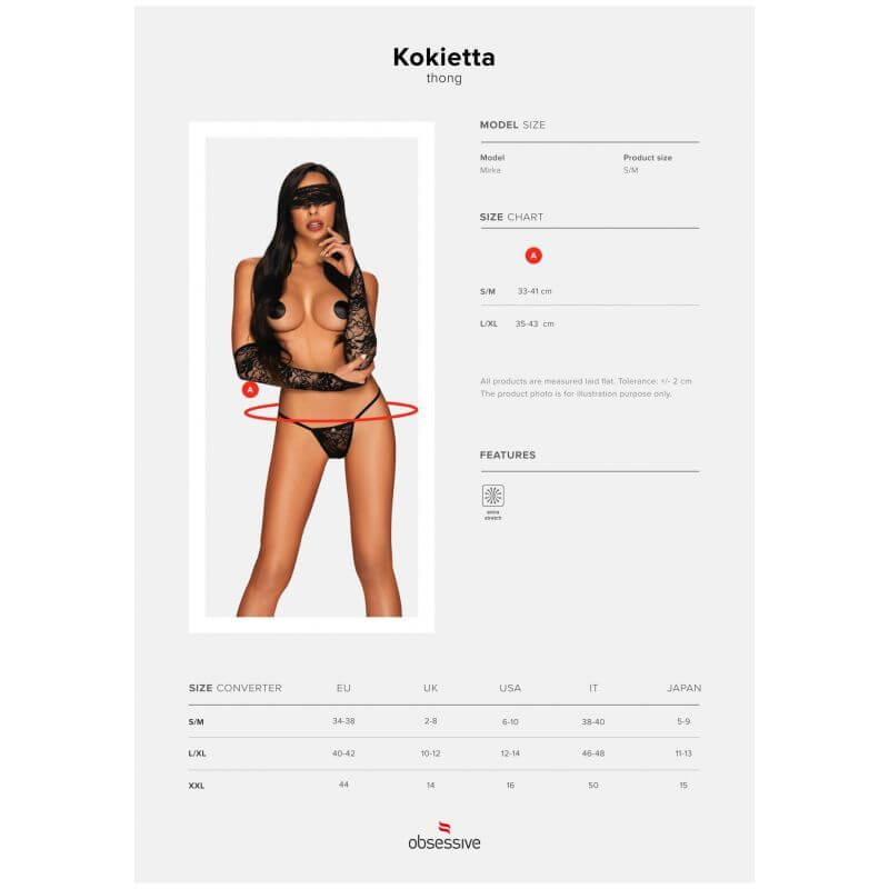 Kokietta Thong model size chart showcasing a stunning translucent black thong design.