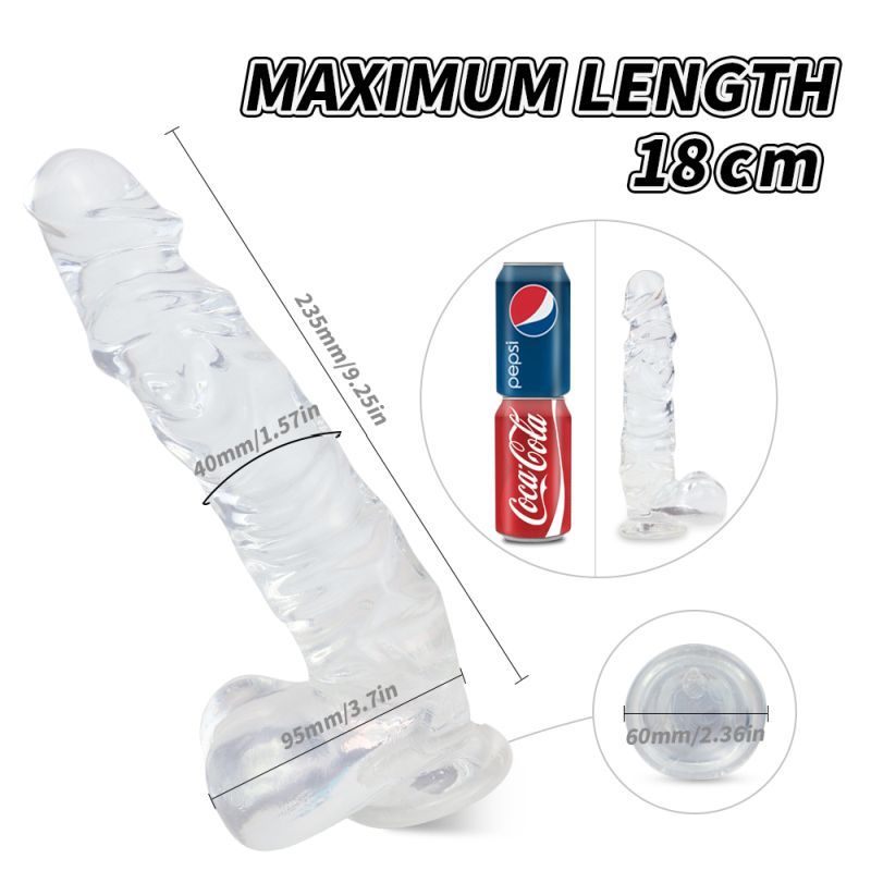 Realistic suction cup dildo measuring 18cm, next to a Pepsi can for size comparison.
