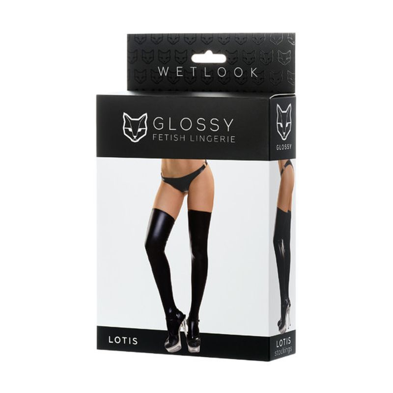 Glossy Wetlook Stockings Lotis packaging showcasing glossy black thigh-high stockings.