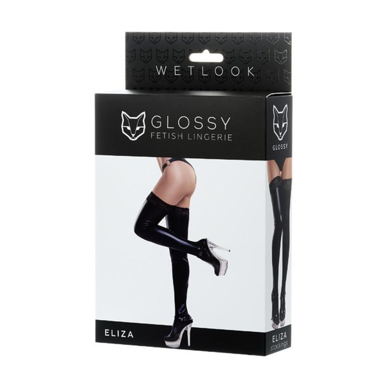 Glossy Wetlook Stockings w Lace Insert Eliza packaging showcasing sexy stockings for intimate essentials.