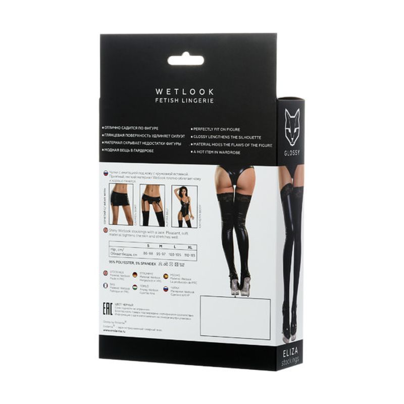 Glossy Wetlook Stockings w Lace Insert Eliza packaging featuring fetish lingerie details.