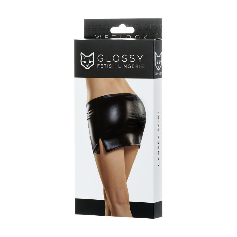 Glossy Wetlook Mini Skirt Camren packaging showcasing a sleek black design with side cuts for an intimate look.