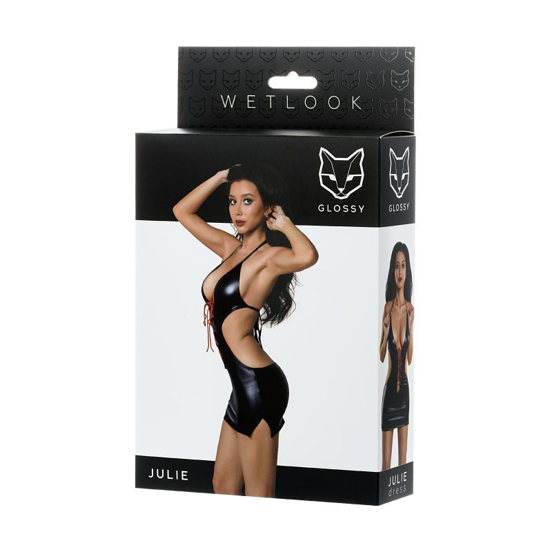 Glossy Dress Wetlook w Red Laces Julie packaging showcasing its alluring design and deep neckline.