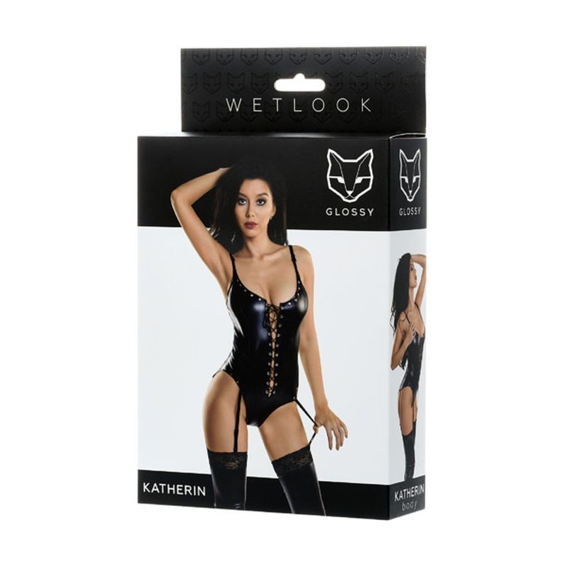 Glossy Wetlook Lace Up Bodysuit Katherin packaging showcasing sexy lacing details and metal rivets.