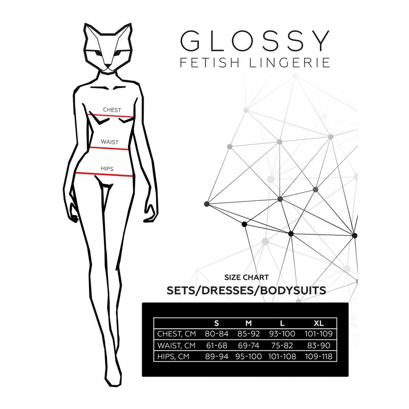 Glossy Wetlook Lace Up Bodysuit Katherin size chart for sets, dresses, and bodysuits in various sizes.
