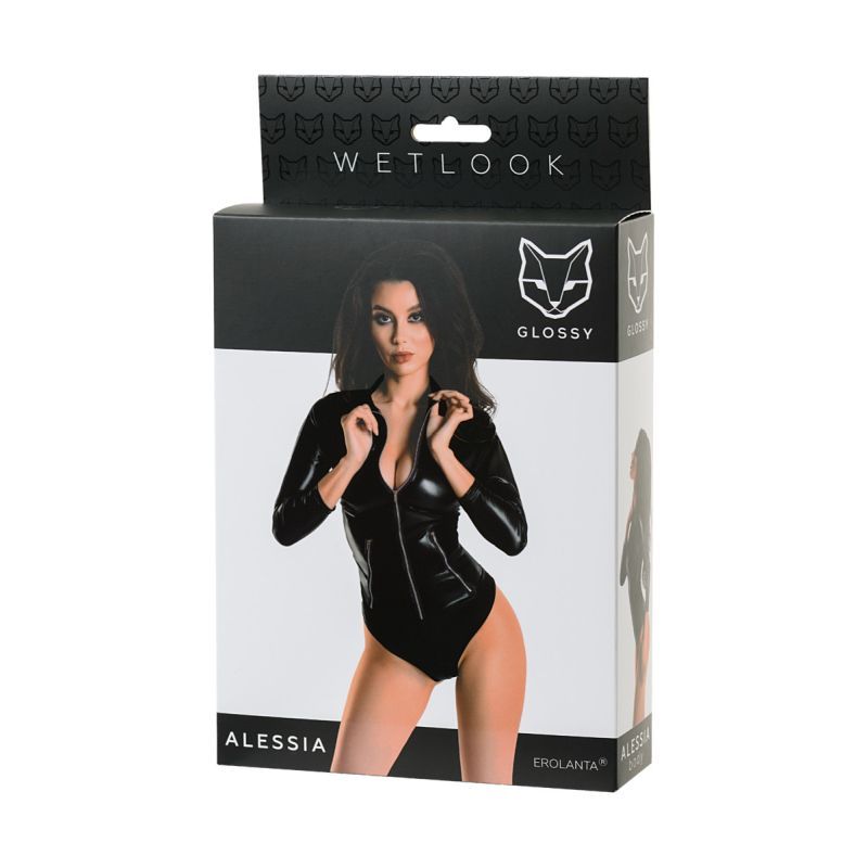 Glossy Wetlook Bodysuit w Zip Alessia packaging featuring a model in a sleek black bodysuit with a front zipper.