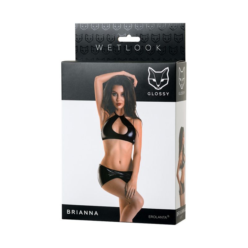 Glossy Wetlook Set Brianna packaging featuring a model in a sexy black outfit, perfect for intimate essentials for her.