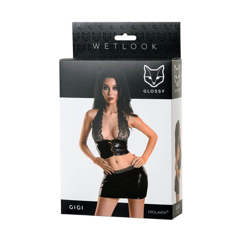 Glossy Wetlook Set Gigi in packaging, showcasing sexy lace and wetlook material, perfect for intimate essentials for her.