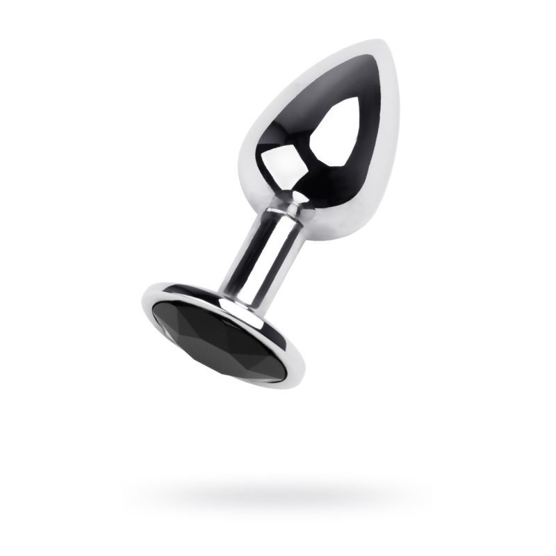 small silver metal anal plug with black gem, 7cm length, featured in sleek design.