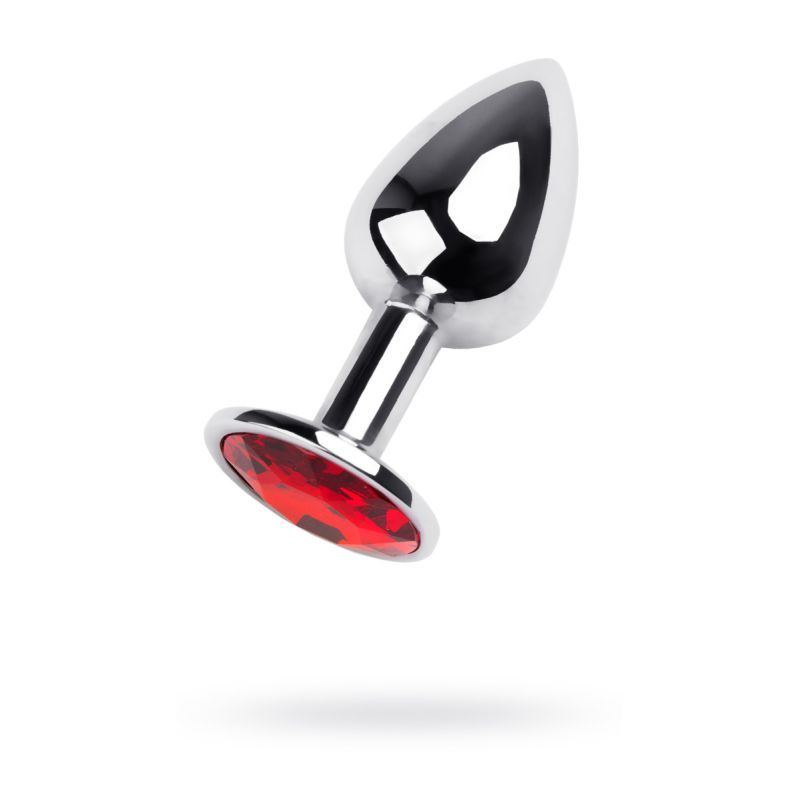 Silver Metal Anal Plug w Red Ruby Gem Small showcased against a white background, an intimate essential for her.