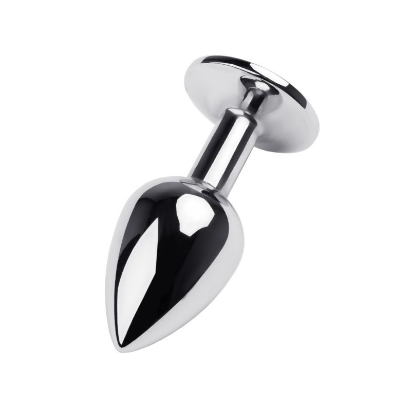 Silver metal anal plug with ruby gem small, 7cm length and elegant design.