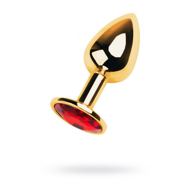 Gold Metal Anal Plug w Red Ruby Gem Small featuring a shiny gold finish and a vibrant red gem, ideal for intimate essentials for her.