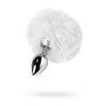 Small bunny tail anal plug made of silver metal with fluffy white faux fur tail, perfect for intimate play.