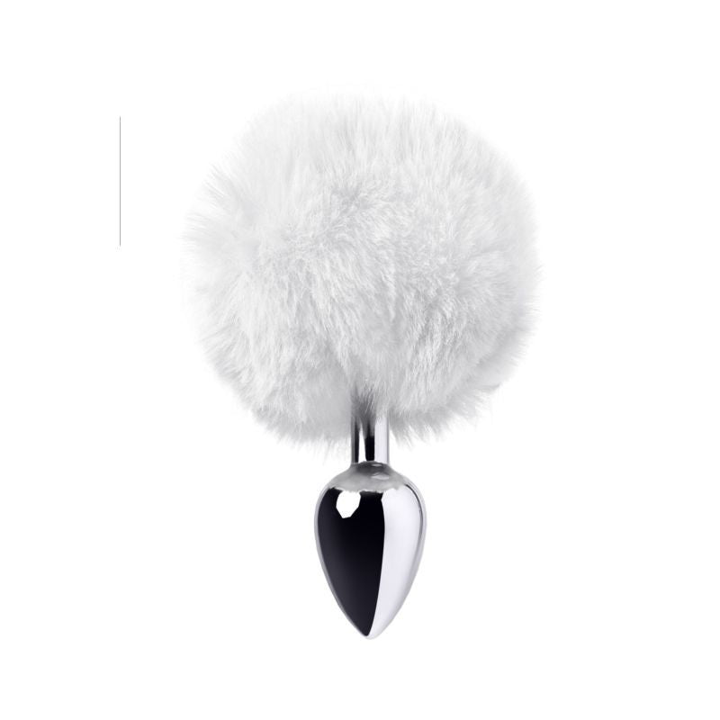 Small bunny tail anal plug with fluffy white faux fur and shiny silver metal base.