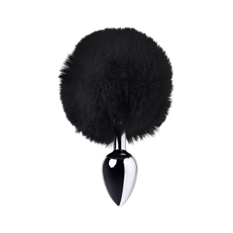 Silver anal plug with black tail featuring a sleek metal design and fluffy black faux fur.