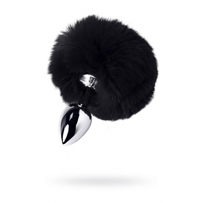 Silver anal plug with black tail featuring a shiny metal tip and a fluffy black faux fur base.