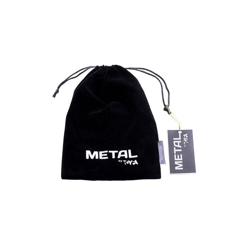 Black velvet bag packaging for silver anal plug with black tail, featuring METAL by Toya logo and tag.