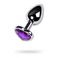 Silver metal anal plug with amethyst crystal, heart-shaped purple gem, beginner-friendly, 7cm length.