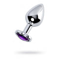 Silver Metal Anal Plug with Amethyst Heart Crystal, medium size, 8cm length, focus keyword: silver anal plug with amethyst crystal.