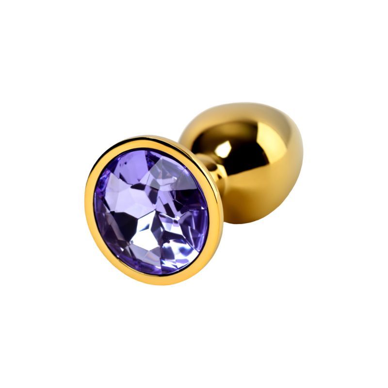 Gold Metal Anal Plug w Amethyst Crystal Small - a luxurious beginner-friendly piece with a sparkling purple gem.
