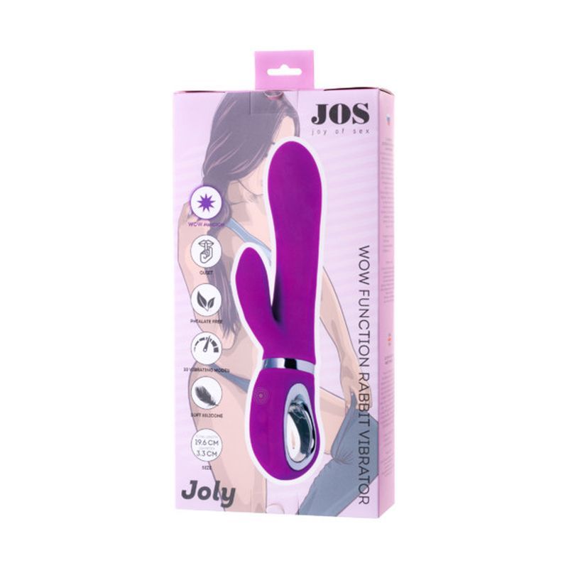 JOS Joly Clit Stimulating Vibrator in fuchsia packaging showcasing features of clitoral stimulating vibrator.