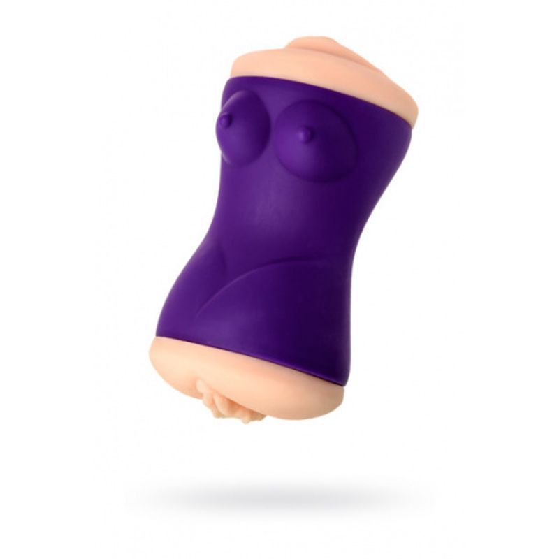 JOS Yara Masturbator in violet color, silicone and TPR, measuring 18cm x 8.5cm, suspended in air.