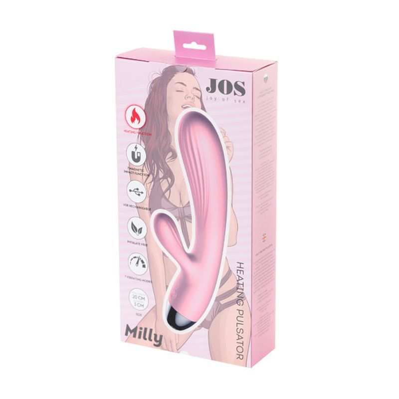 JOS Milly heating vibrator in pale pink packaging showcasing its features including heating function and USB recharge.