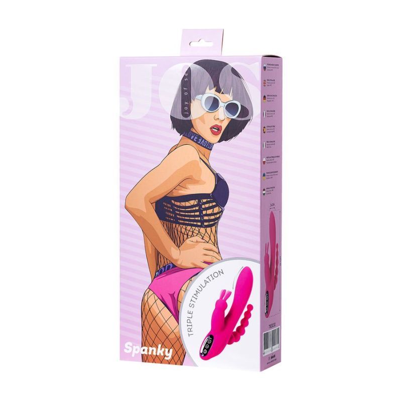 Packaging for JOS Spanky Triple Stimulator, a triple stimulation vibrator with vibrant pink design.